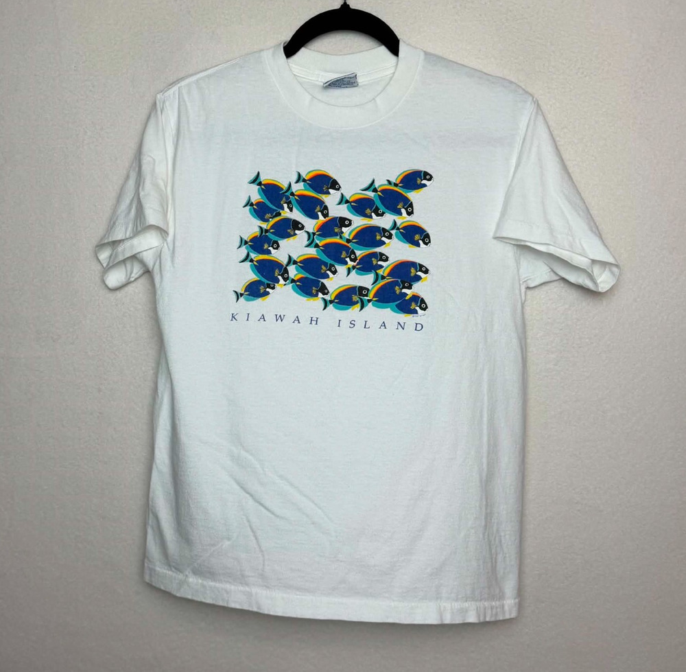 Vintage 90s Kiawah Island Souvenir T-Shirt White w/Blue Fish Graphic Sz Youth L